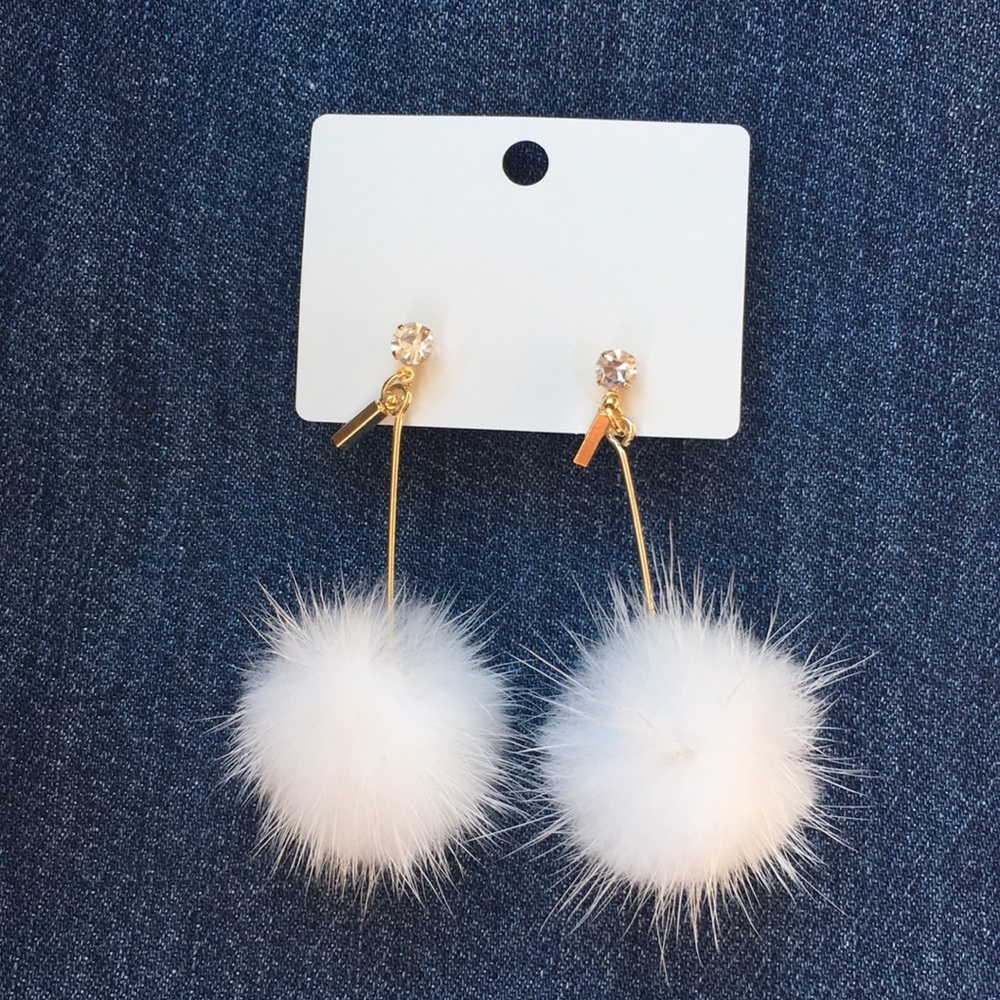 Puffball earrings white faux fur dangle new